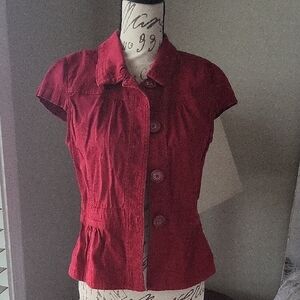 LOFT Red Puff Sleeve Button Down Shirt